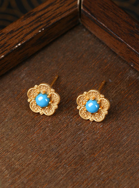 中式经典S925银针镀金人造松石复古精美梅花镂空耳钉气质花丝耳饰