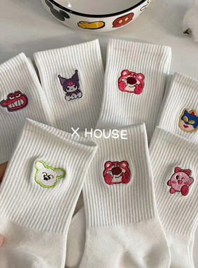袜子女棉潮白色春季高筒学生运动纯棉中筒春秋刺绣可爱卡通小熊