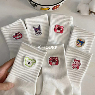 袜子女棉潮白色春季 高筒学生运动纯棉中筒春秋刺绣可爱卡通小熊