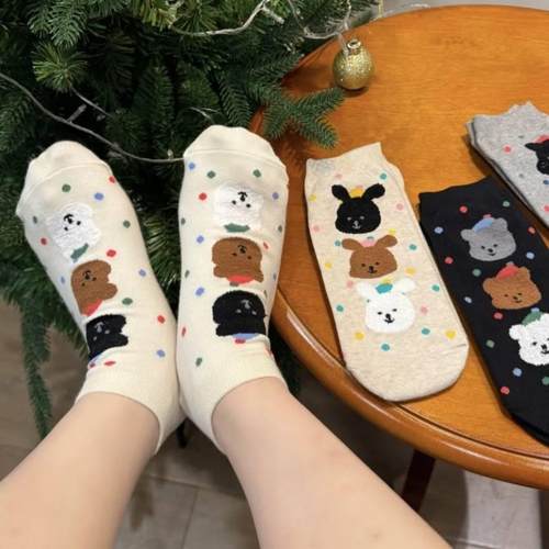 小熊袜子女春夏季中筒袜ins潮可爱日系纯棉韩版东大门波点堆堆袜