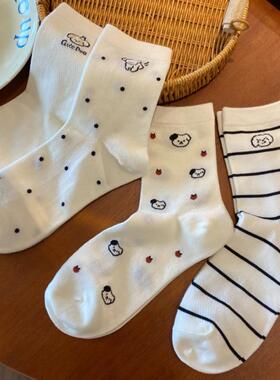 白色袜子女中筒袜春秋季纯棉透气网眼ins潮卡通日系小狗夏天长袜