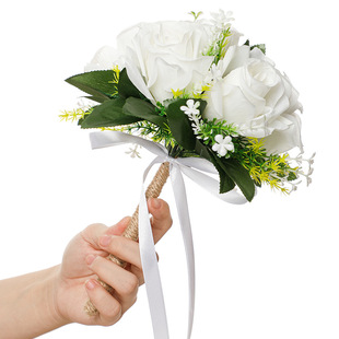 跨境婚礼伴娘手捧花创意麻绳手柄花束跨境白色仿真玫瑰新娘手捧花