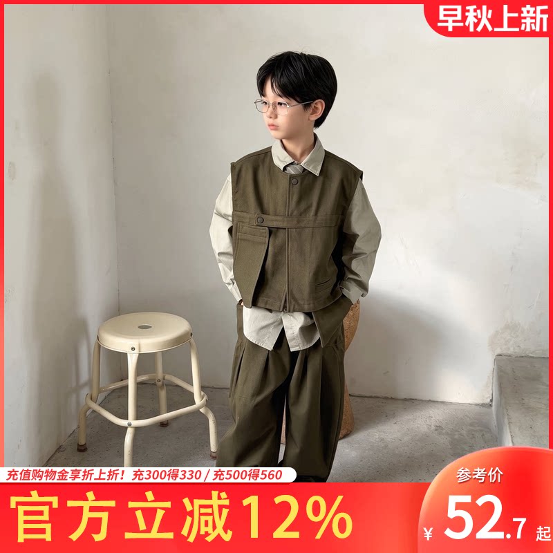 男童春秋休闲套装中大童纯棉马甲领带衬衫长裤三件套2026秋季新款