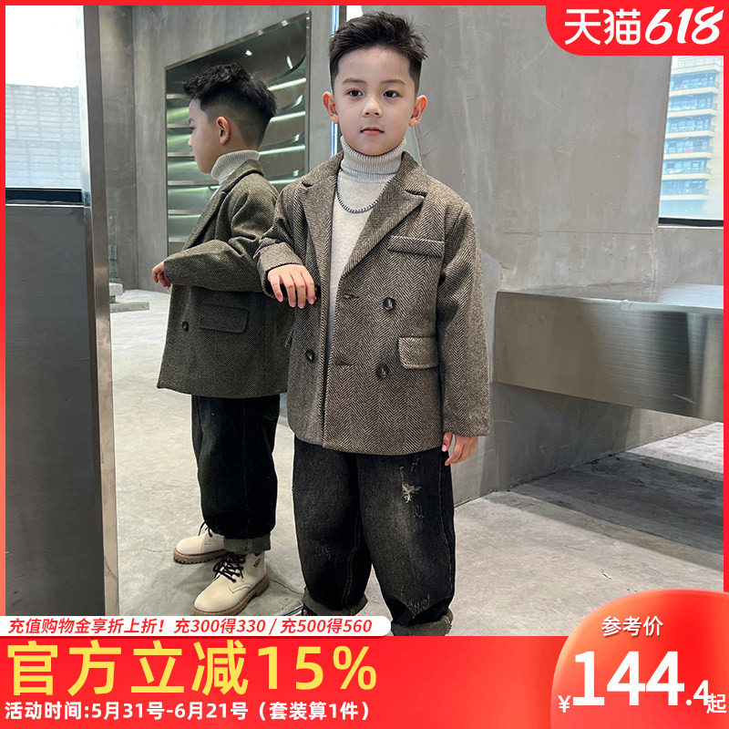 男童冬装外套西装毛呢大衣牛仔裤套装2026儿童中长款夹棉中大童潮