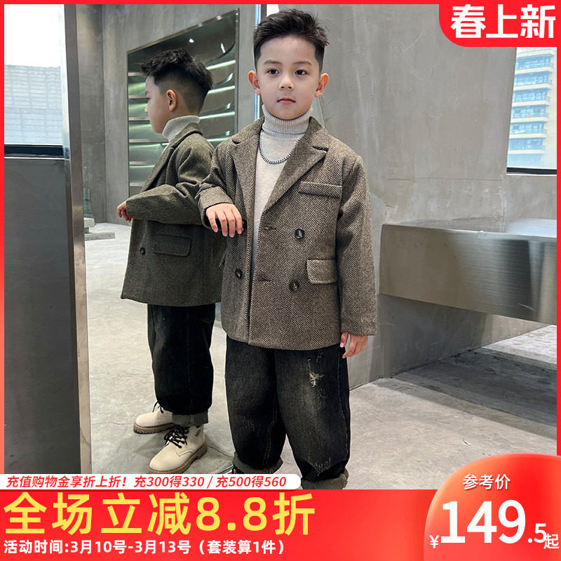 男童冬装外套西装毛呢大衣牛仔裤套装2026儿童中长款夹棉中大童潮
