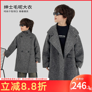 加厚双排扣外套中大童韩版 洋气 男孩冬季 男童毛呢大衣2026新中长款