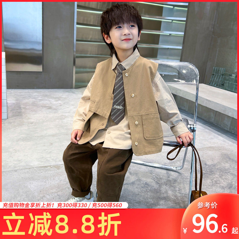 男童春秋装套装2026韩版马甲衬衫休闲裤三件套童装中大童6-12岁潮