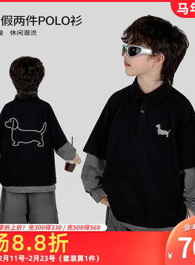 童装男童假两件POLO衫2025新款中大童男孩时尚撞色拼接上衣春秋