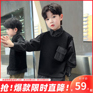 兒童中大童春季 潮流學(xué)院氣質(zhì) 春秋裝 男童衛(wèi)衣假兩件拼接條紋襯衫
