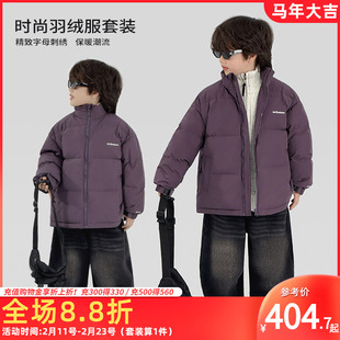 童装男童冬季套装90白鸭绒羽绒服高领毛衣加绒牛仔弯刀裤三件套潮