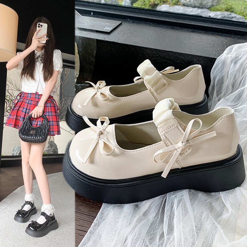 学院风蝴蝶结小皮鞋女2025春秋季新款魔术贴玛丽珍鞋配JK乐福鞋子
