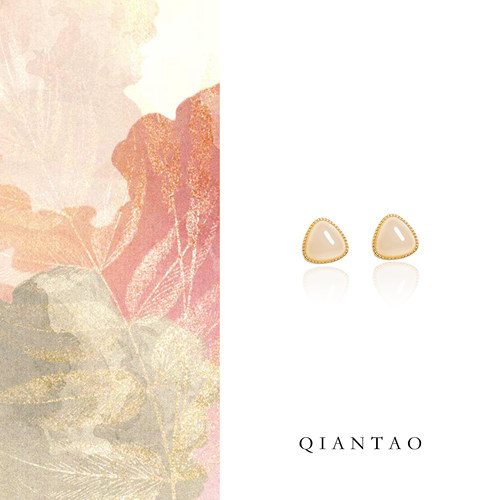 QIANTAO天然藕粉和田玉耳钉银度18k金耳饰天然和田玉粉色耳环礼物