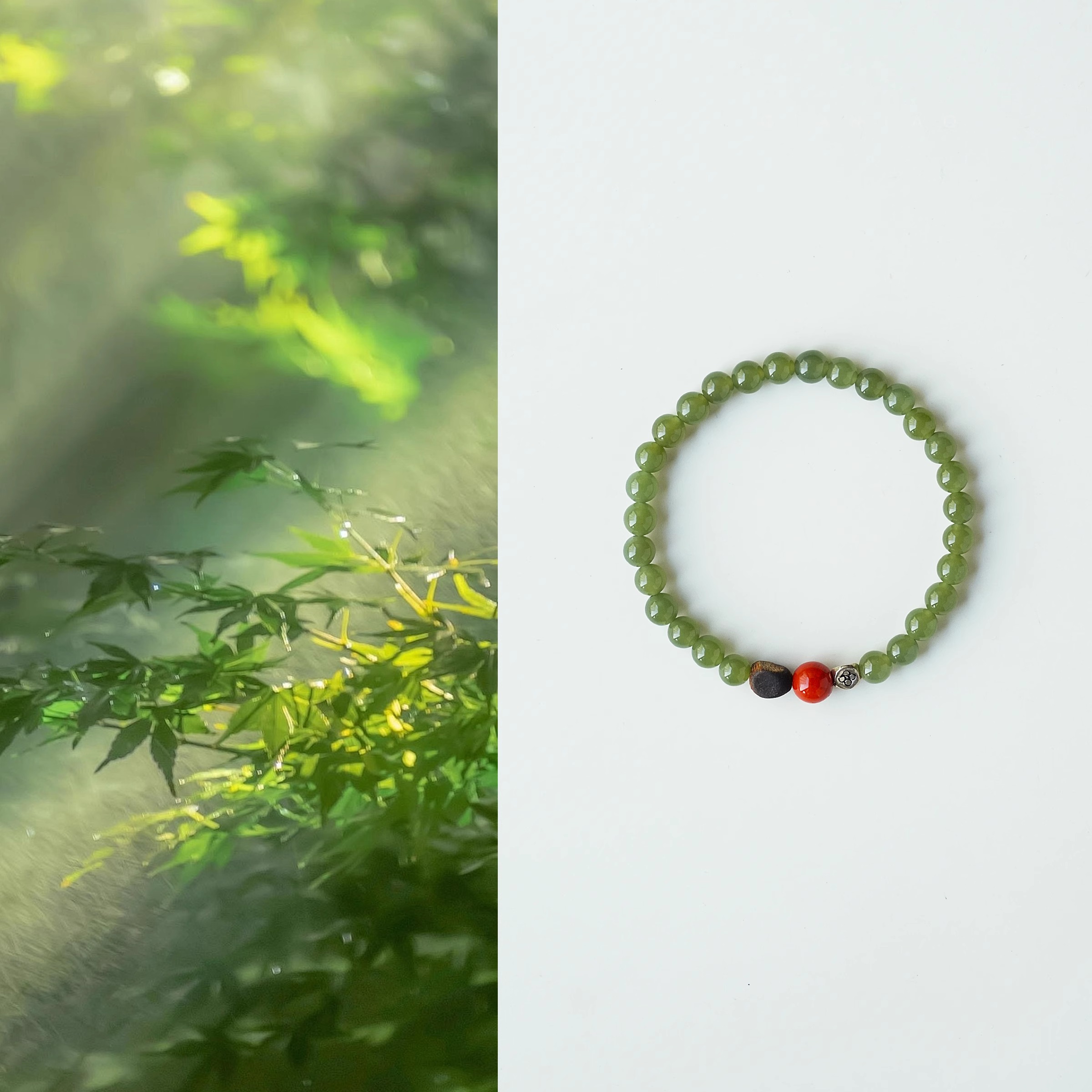 QIANTAO「书梦」原创中式天然和田玉碧玉手串女南红沉香手链礼物