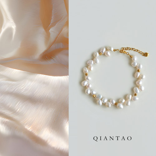 QIANTAO「倾心」天然高品质淡水珍珠手链花瓣巴洛克手镯女生礼物