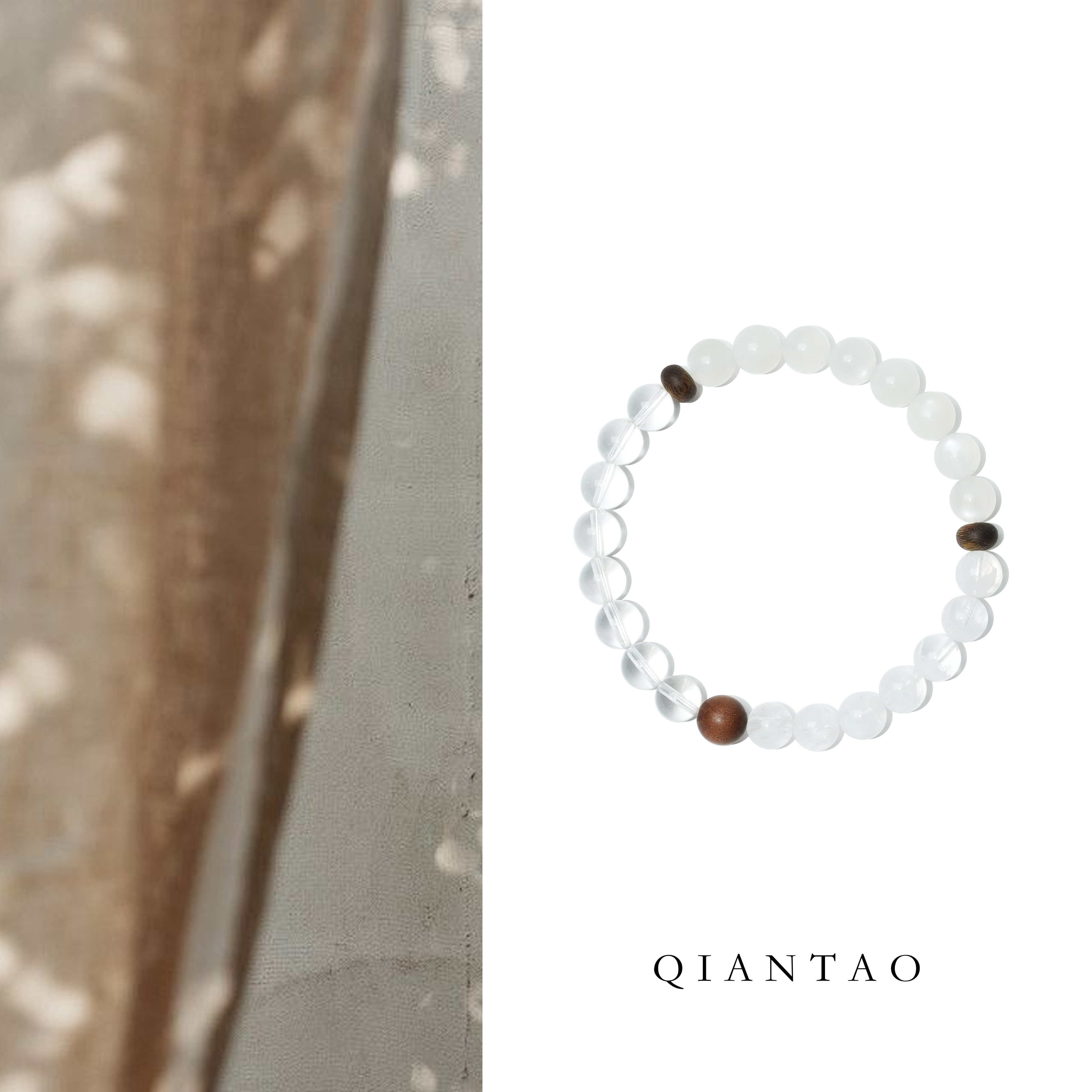 QIANTAO「皎月」原创天然白水晶招财手串静心檀木手链情侣礼物