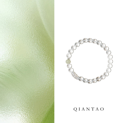 QIANTAO「观云」原创天然高净体白水晶和田玉纯银手串情侣礼物