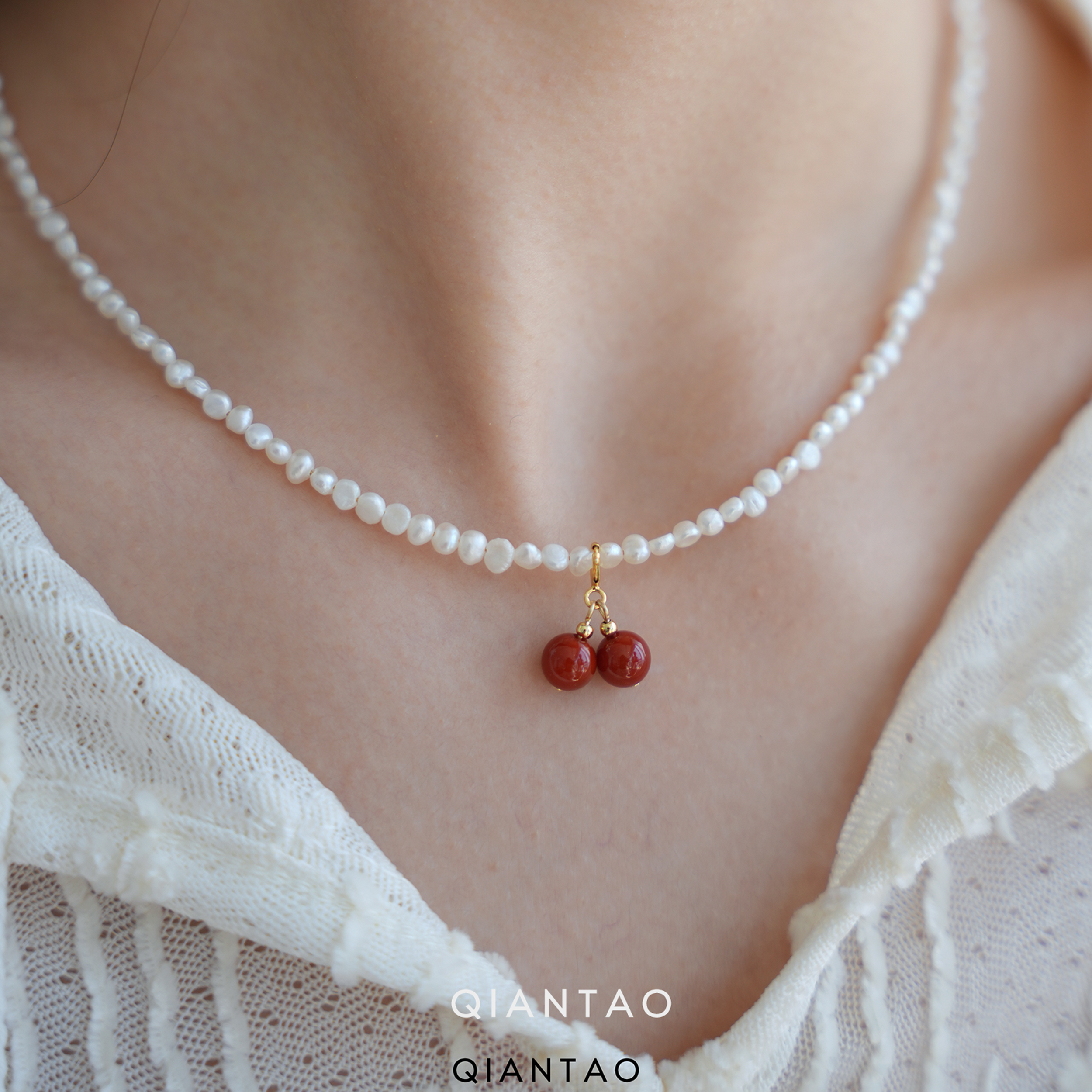 QIANTAO「瑞雪」原创天然淡水珍珠可拆卸南红樱桃文艺项链女气质