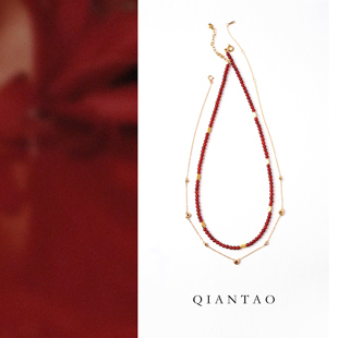 QIANTAO「水华」原创中式天然红玛瑙叠戴项链本命年红锁骨链礼物