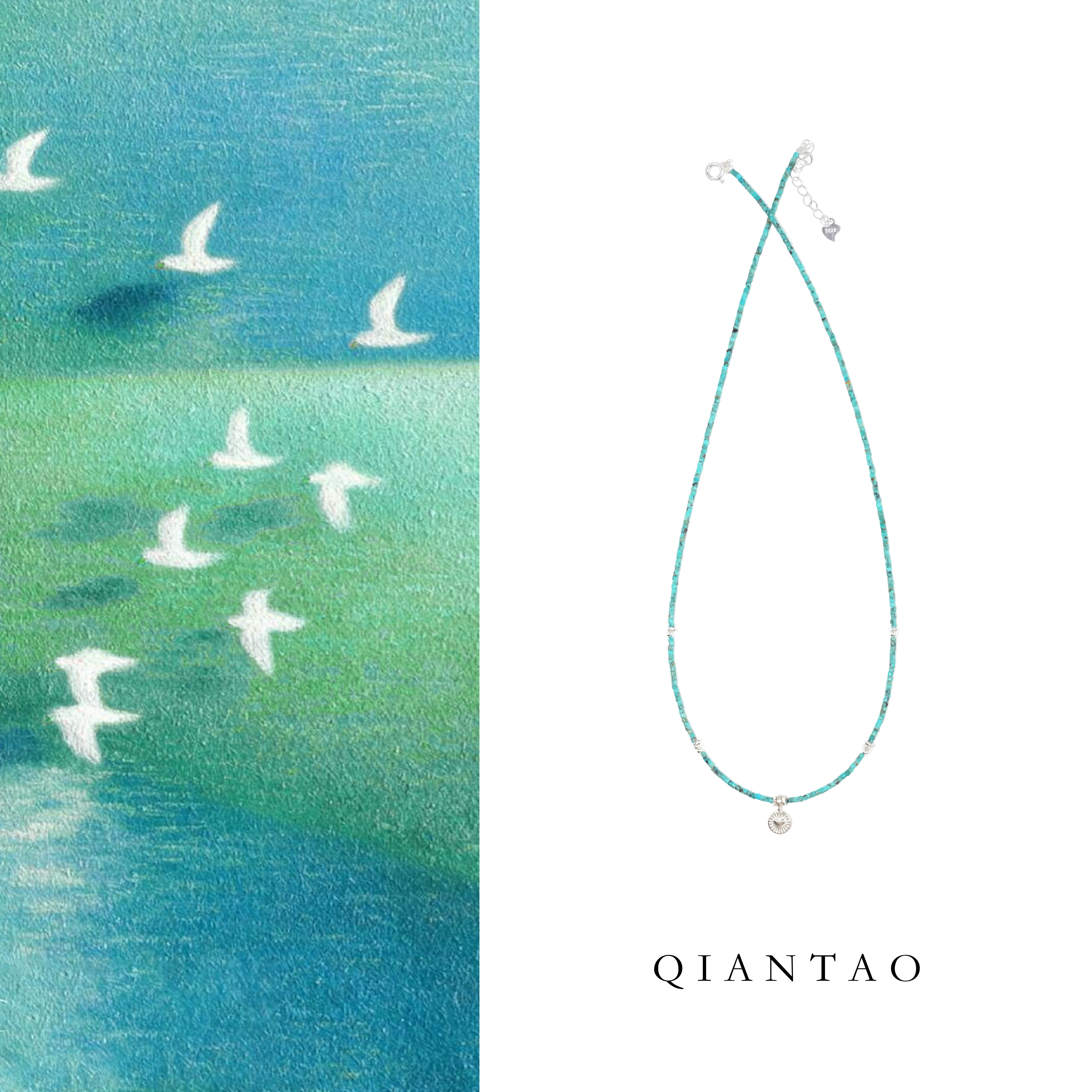 QIANTAO「汀兰」原创中式天然绿松石项链925银爱心吊坠礼物