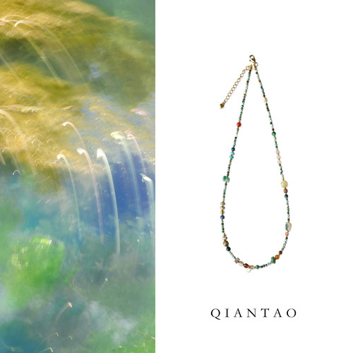 QIANTAO「橡木苔青」原创中式天然原矿绿松石多宝项链锁骨链礼物