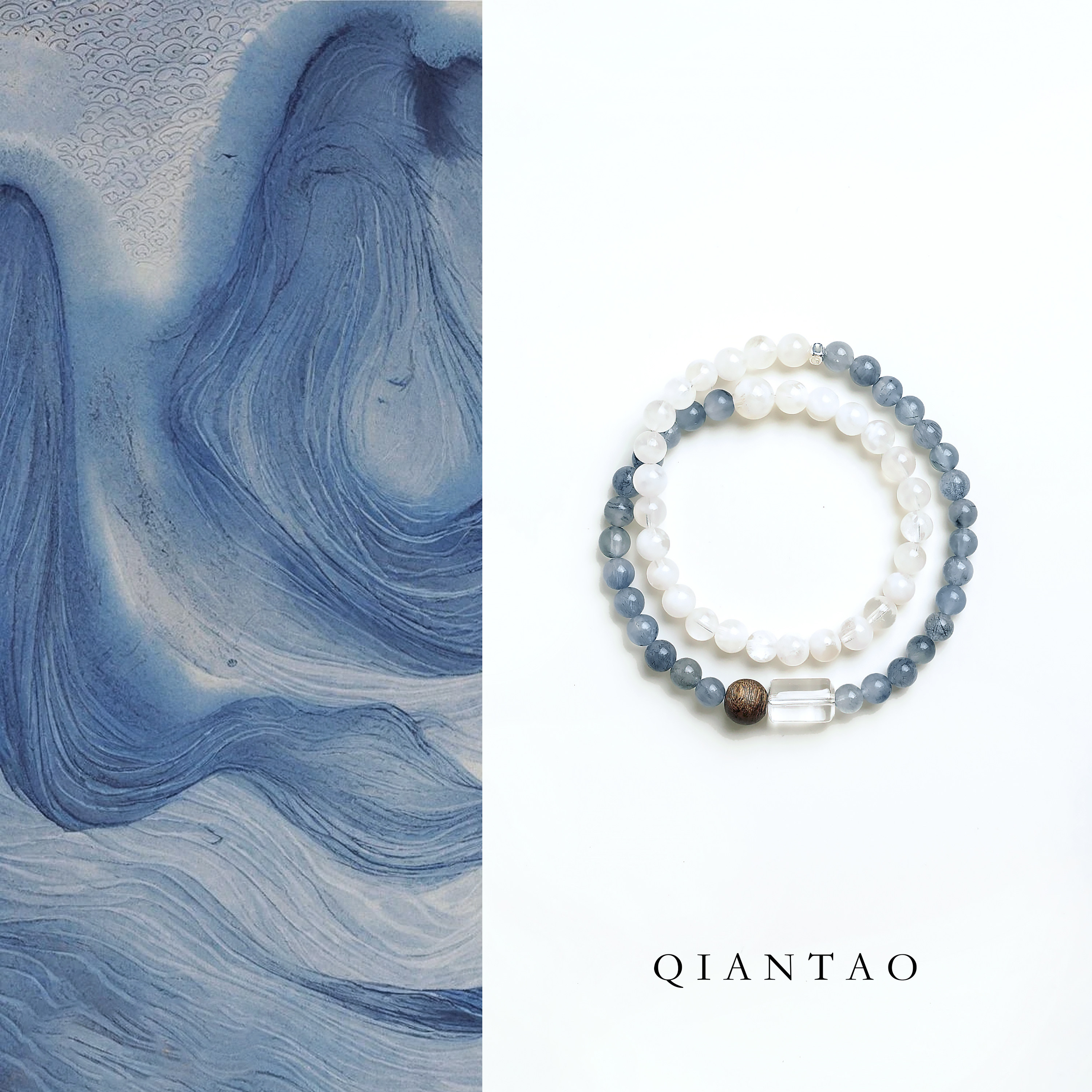 QIANTAO「清墨」原创天然蓝兔毛水晶雪花幽灵手串女招财沉香礼物