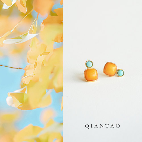 QIANTAO原矿绿松石天然蜜蜡耳钉黄色琥珀方糖耳饰耳环女旺财礼物