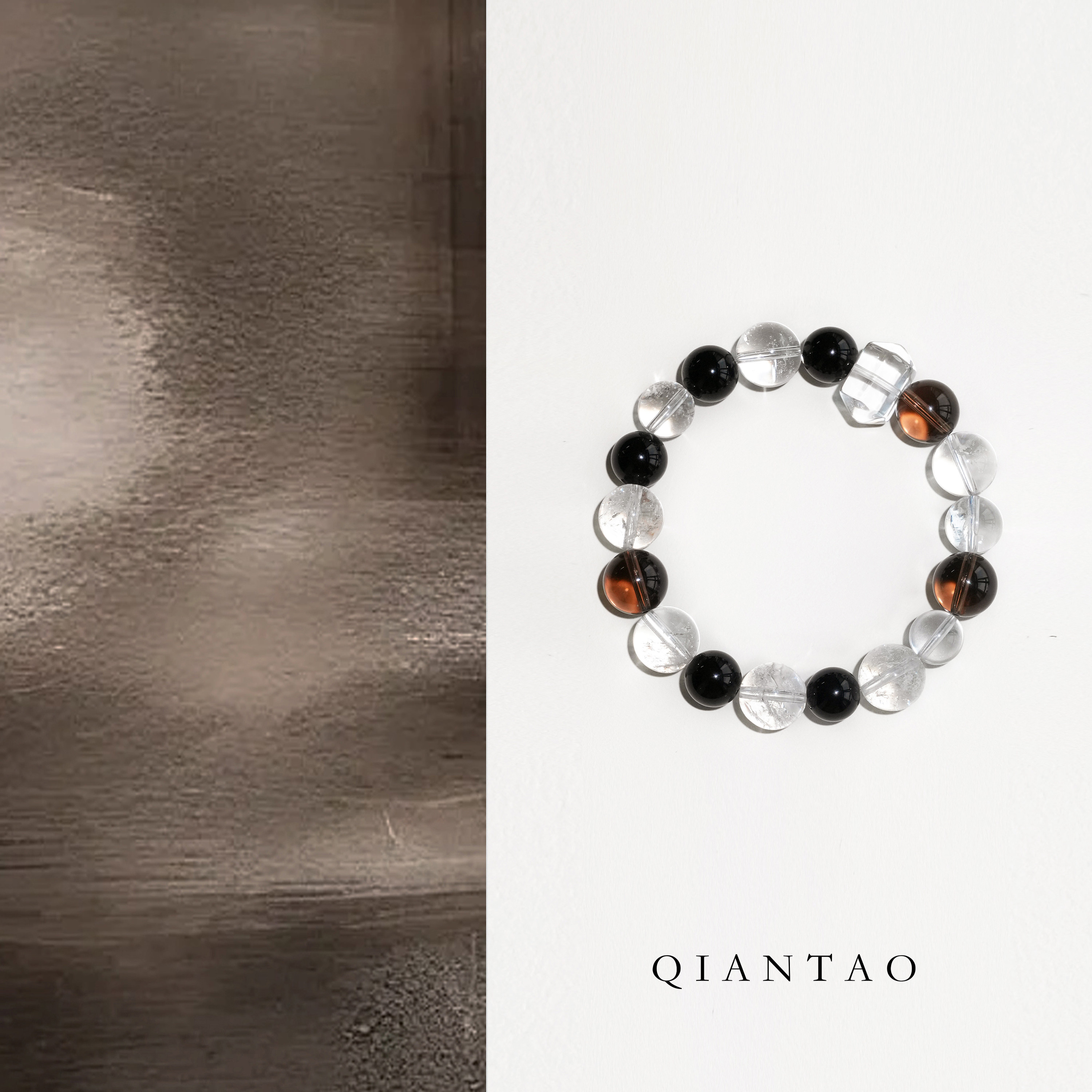 QIANTAO「雾眠」原创中式天然白水晶黑玛瑙茶晶女生招财手串礼物