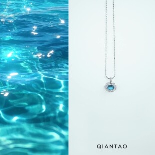 QIANTAO「觅安」原创天然冰透海蓝宝项链925纯银如意吊坠女锁骨链