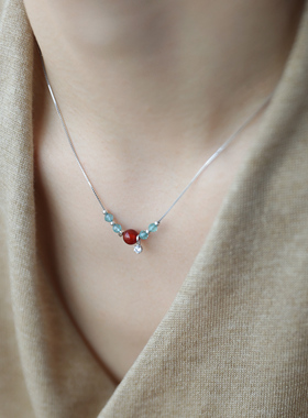 QIANTAO「澜山」原创天然玛瑙托帕石水晶项链925银锆石钻吊坠礼物