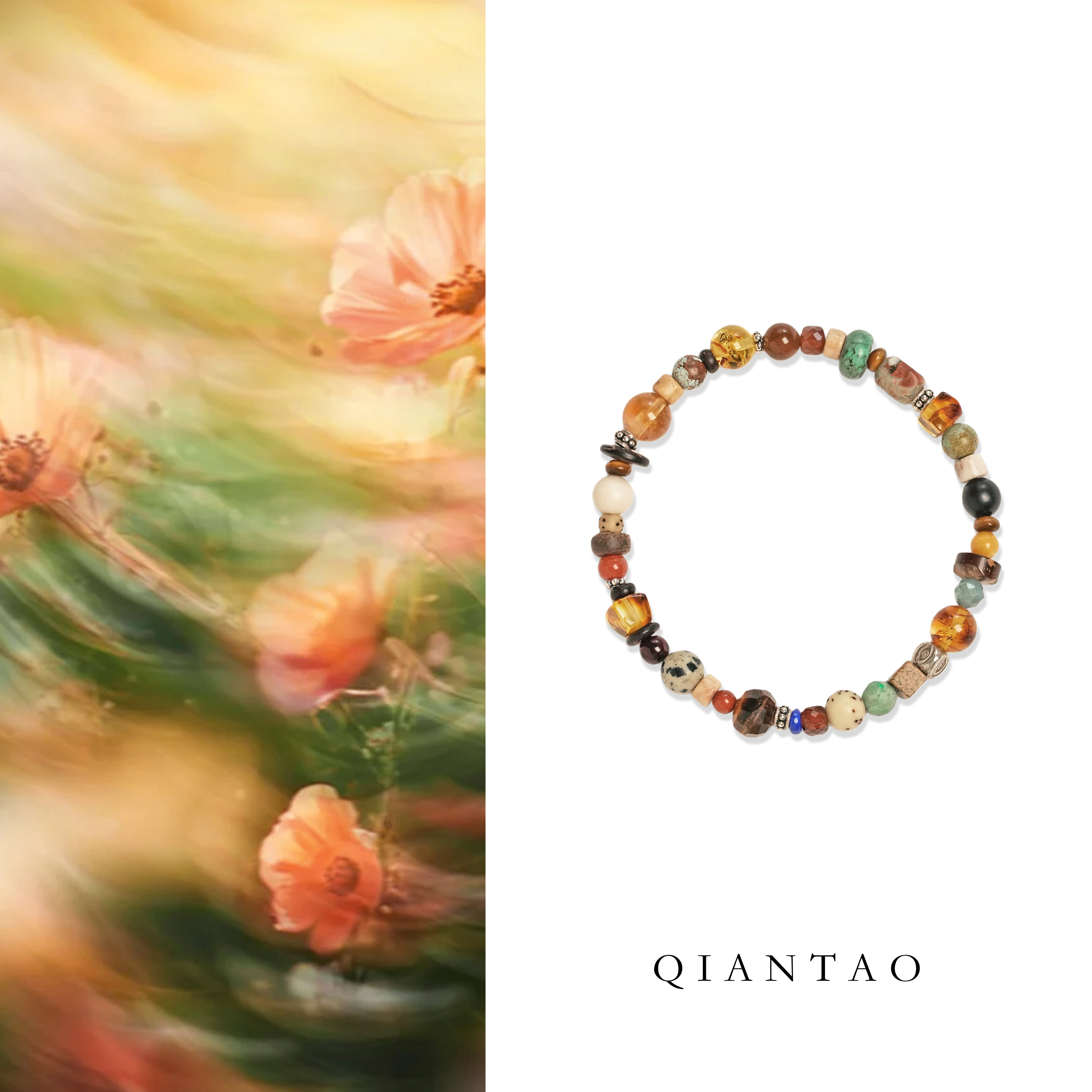 QIANTAO「拾温」原创复古天然菩提蜜蜡松石混搭国风文玩水晶手串