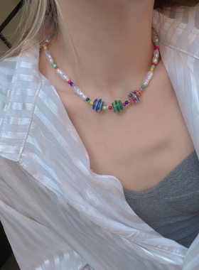 日式琉璃彩色条纹颈链女生