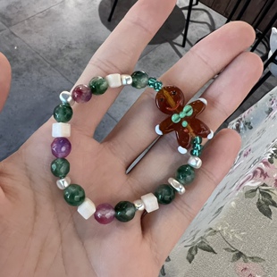 作童趣卡通琉璃珠白绿色优雅百搭姜饼人少女心时尚串珠弹力手链女