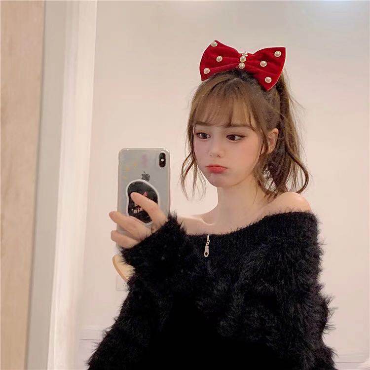 圣诞红饰品韩国ins金丝绒大蝴蝶结珍珠夹头饰发圈发绳网红复古女