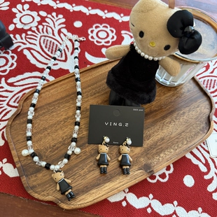 手作水晶串珠项链黑皮KT复古赫本风Kitty猫颈链锁骨链短款项链爱