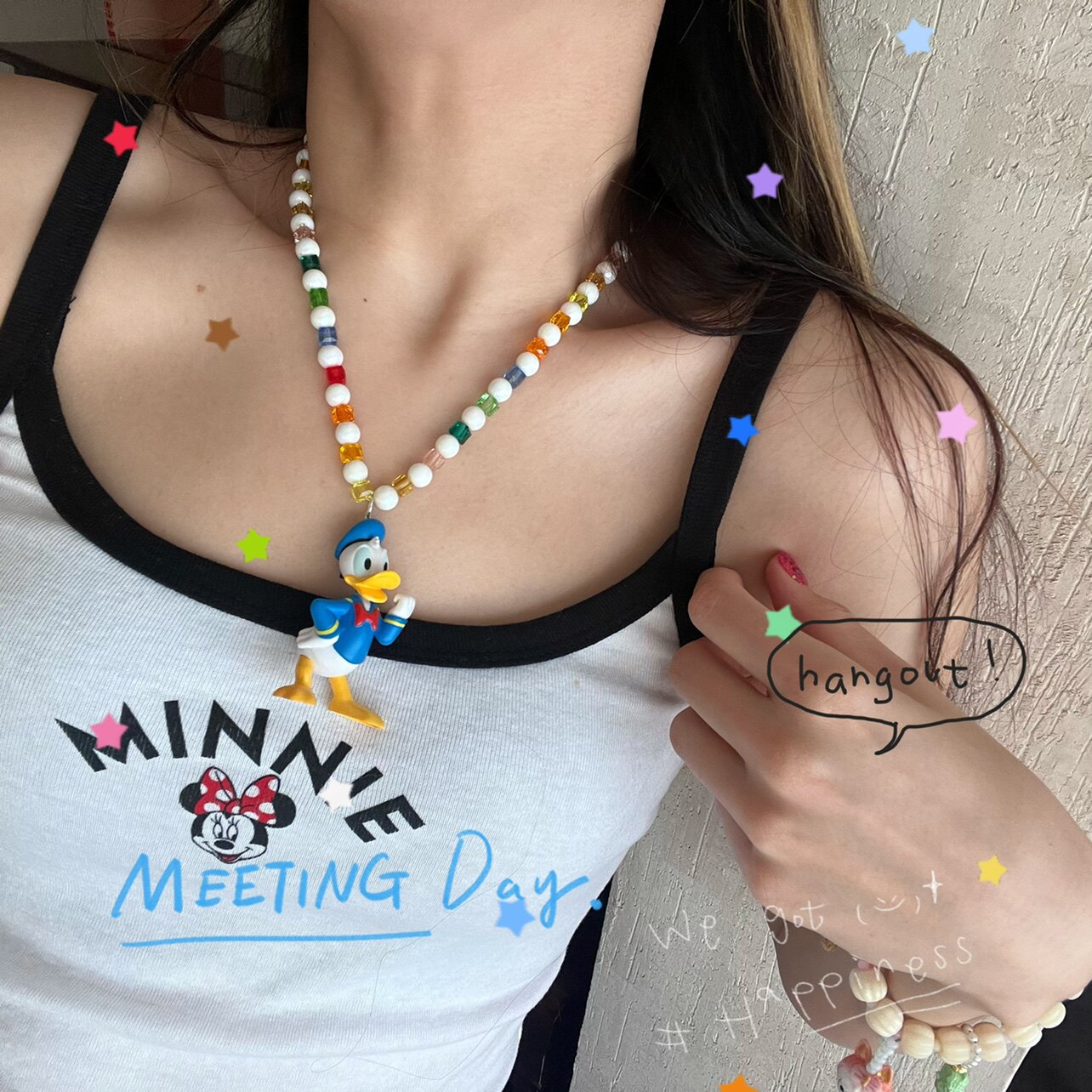 日韩夏日水晶方糖蓝色唐老鸭串珠原创项链女网红彩虹短链颈饰可爱