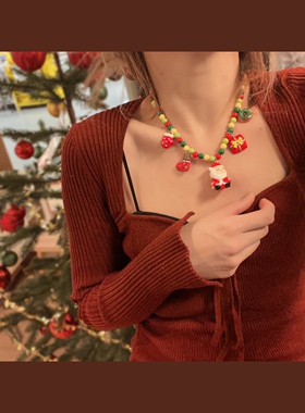 圣诞节老人彩色串珠项链耳环