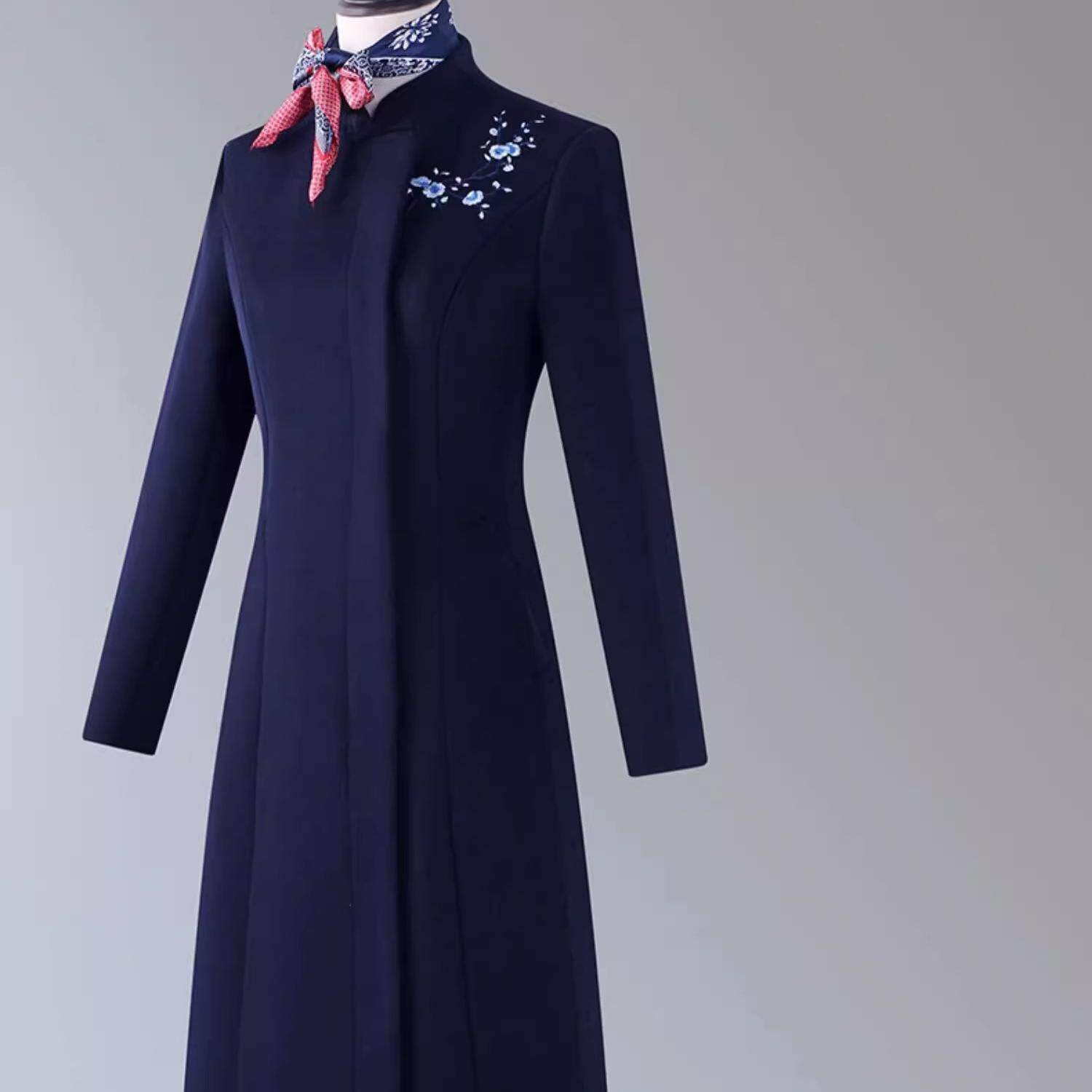 立领职业毛呢外套长款修身高级感移动营业厅银行前台工作服大衣冬