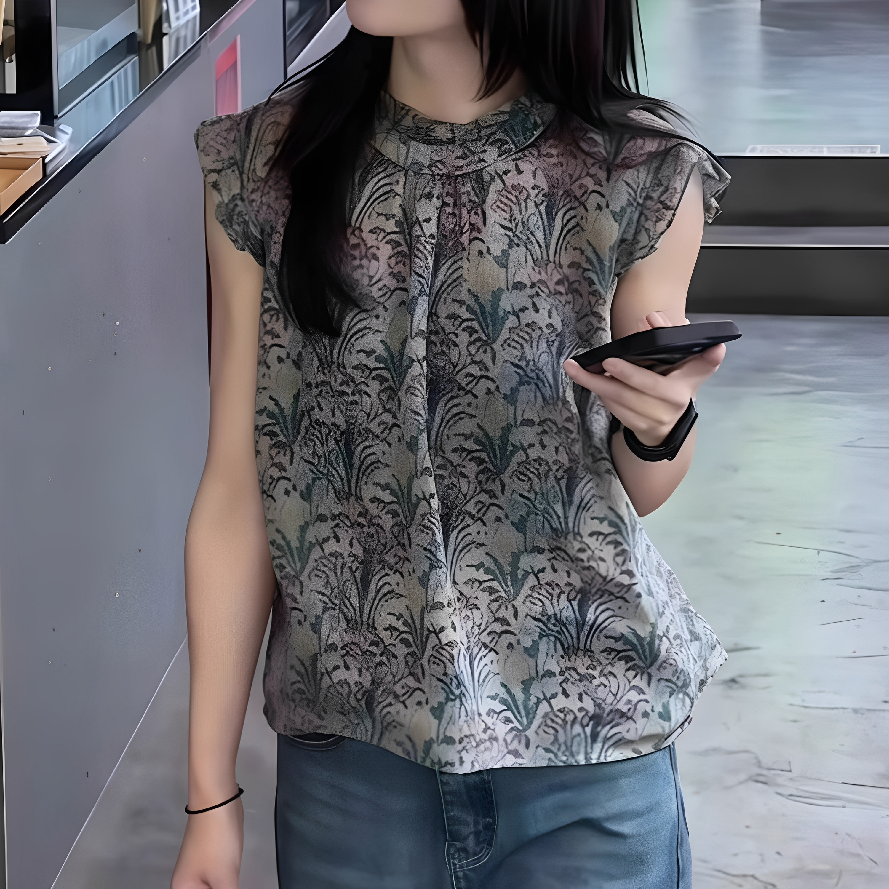 无袖碎花衬衫女设计感小众