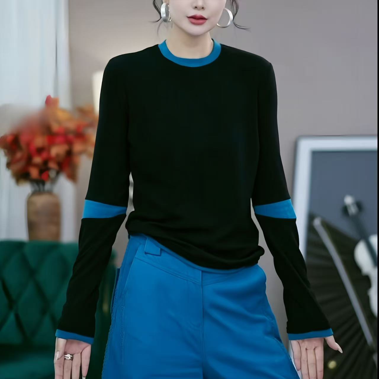 设计感撞色拼接假两件长袖T恤女