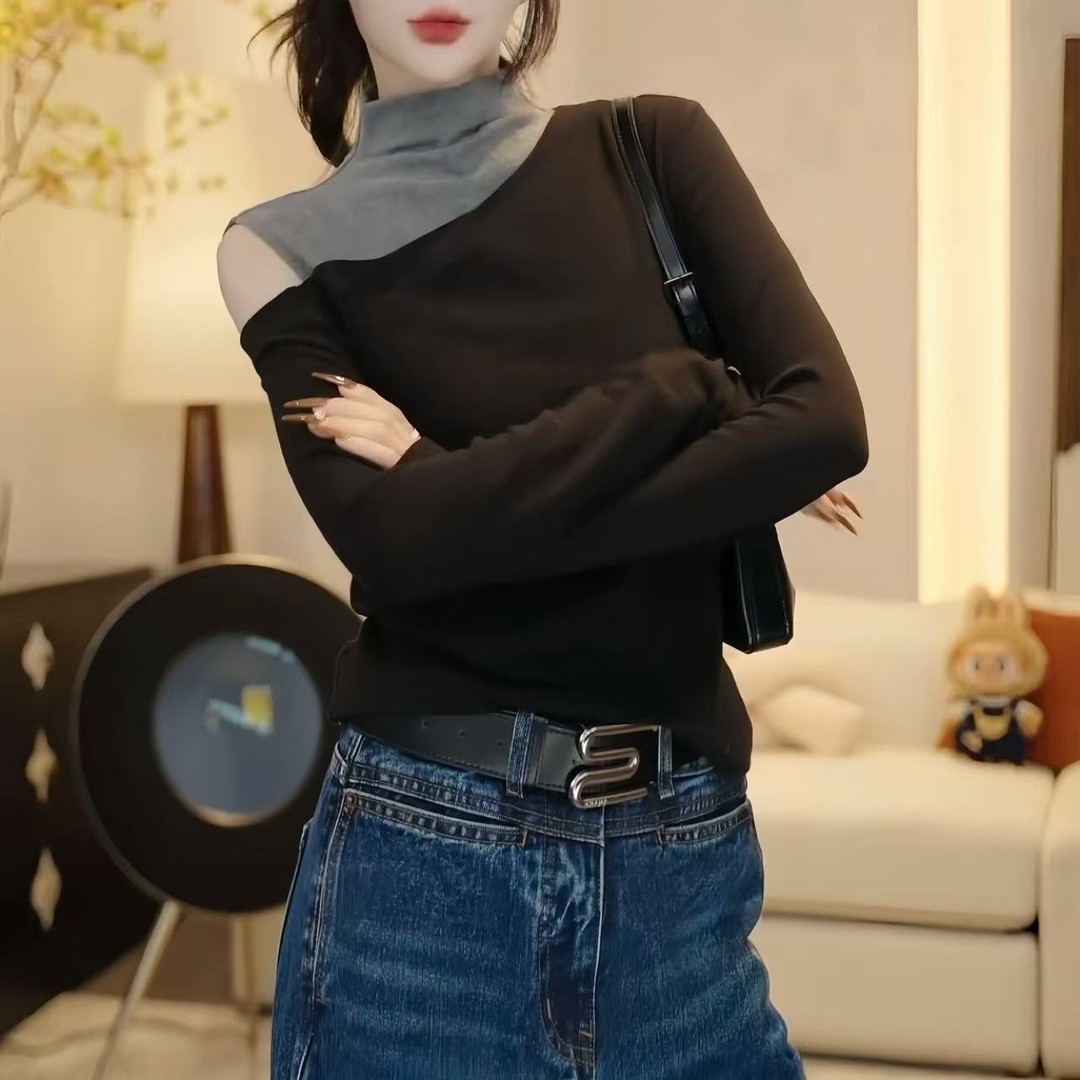 半高领露肩气质长袖T恤打底衫