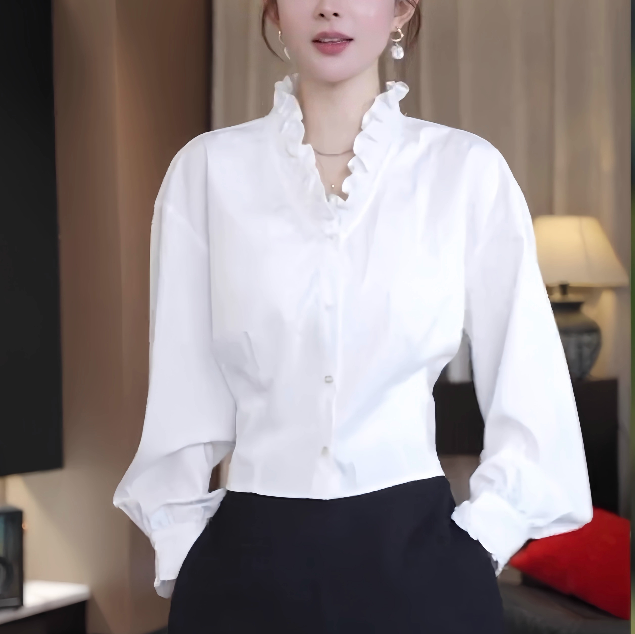 时尚法式v领减龄甜美木耳边衬衫