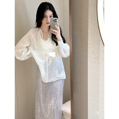 JR 专柜正品 2026春季新款 V领宽松灯笼袖亚麻衬衫上衣女R125903B