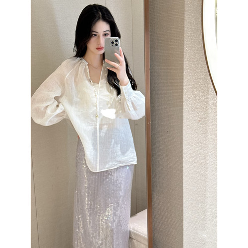 JR 专柜正品 2026春季新款 V领宽松灯笼袖亚麻衬衫上衣女R125903B