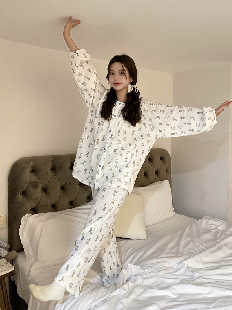 韩国ins动物乐园白色睡衣女春秋纯棉纱布长袖可爱日系家居服套装