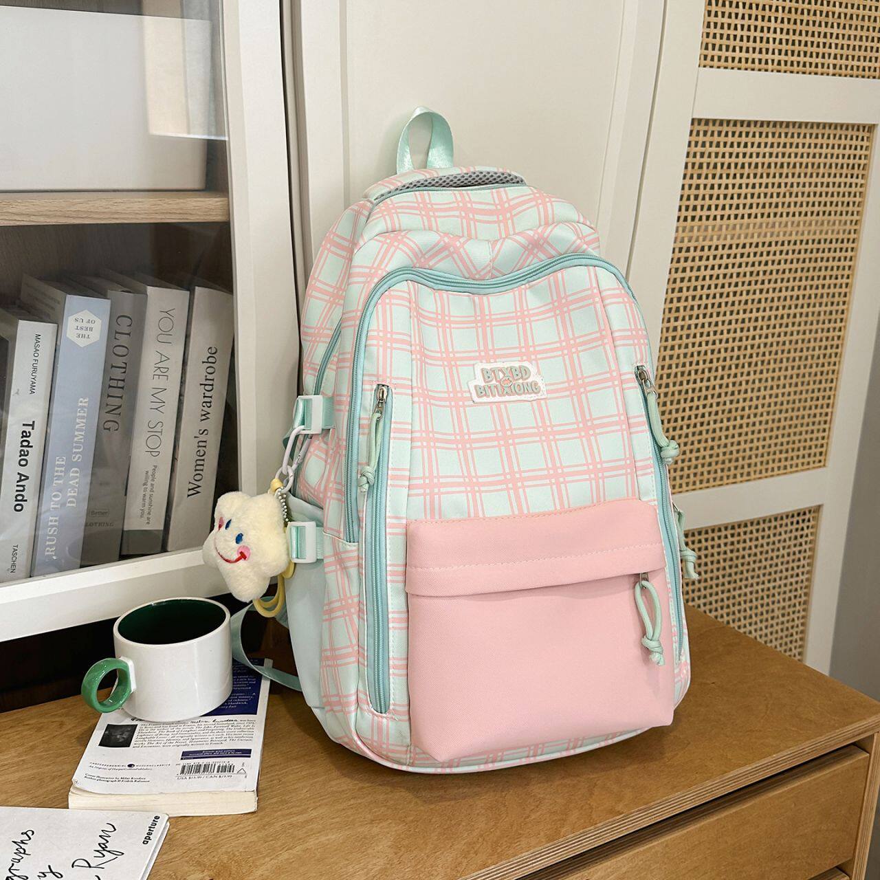初高中生书包可爱高颜值简约格纹学生双肩包韩系背包少女心书包