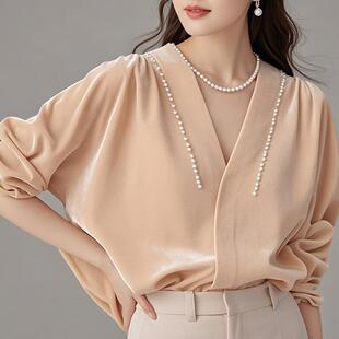 专柜撤回高级感法式 女 上衣欧货洋气独特别致杏粉色丝绒钉珠衬衫