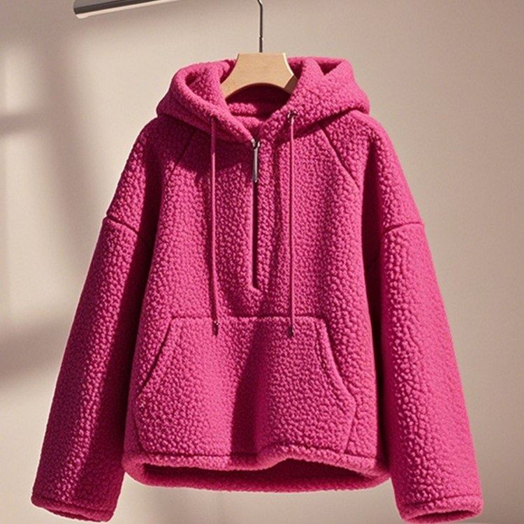 外贸撤回流行爆款小个子玫粉色连帽系带长袖加厚摇粒绒外套女秋