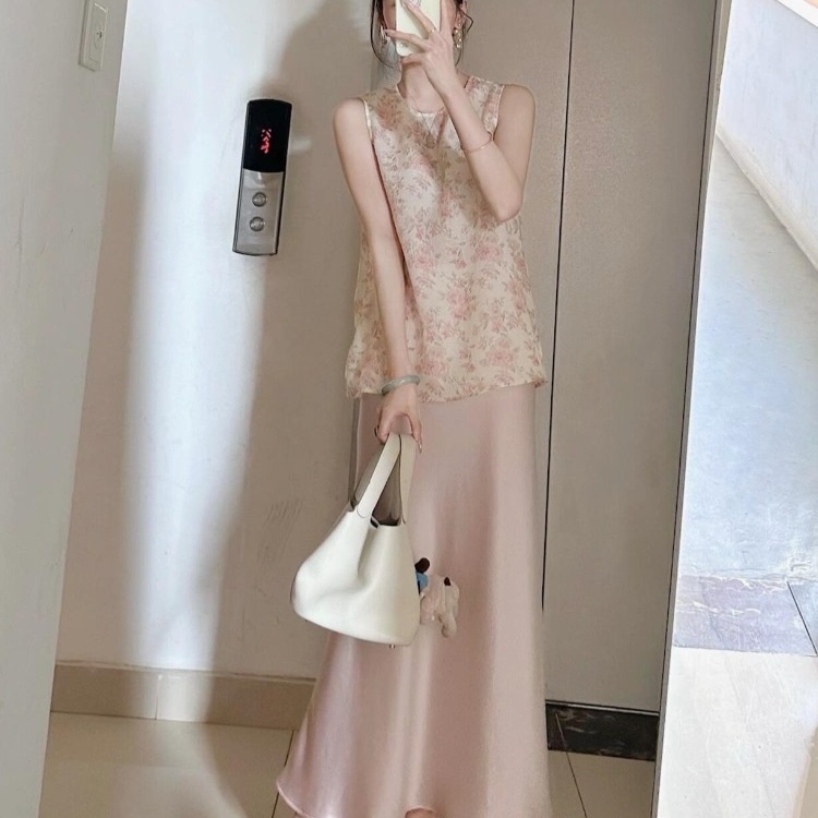 专柜撤回新中式国风套装碎花上衣缎面半身裙显瘦绝美两件套轻熟风