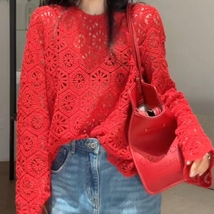 高级感红色钩花小衫 外贸撤回女装 巨好看设计感上衣女今年流行爆款