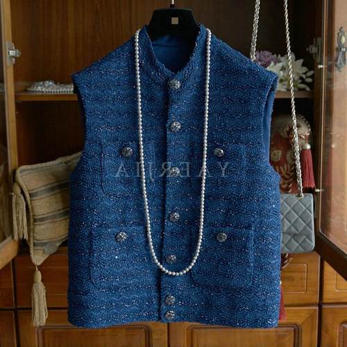 专柜撤回新款女装主角光环 亮丝波浪纹粗花呢珐琅扣马甲外套背心